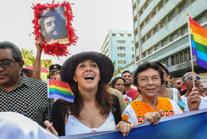 The director of the Cuban National Center for Sex Education, or CENESEX, Mariela Castro (center), the daughter of President Raúl Castro, participates in a march against homophobia in Havana on May 10, 2014. YAMIL LAGE/AFP/Getty Images